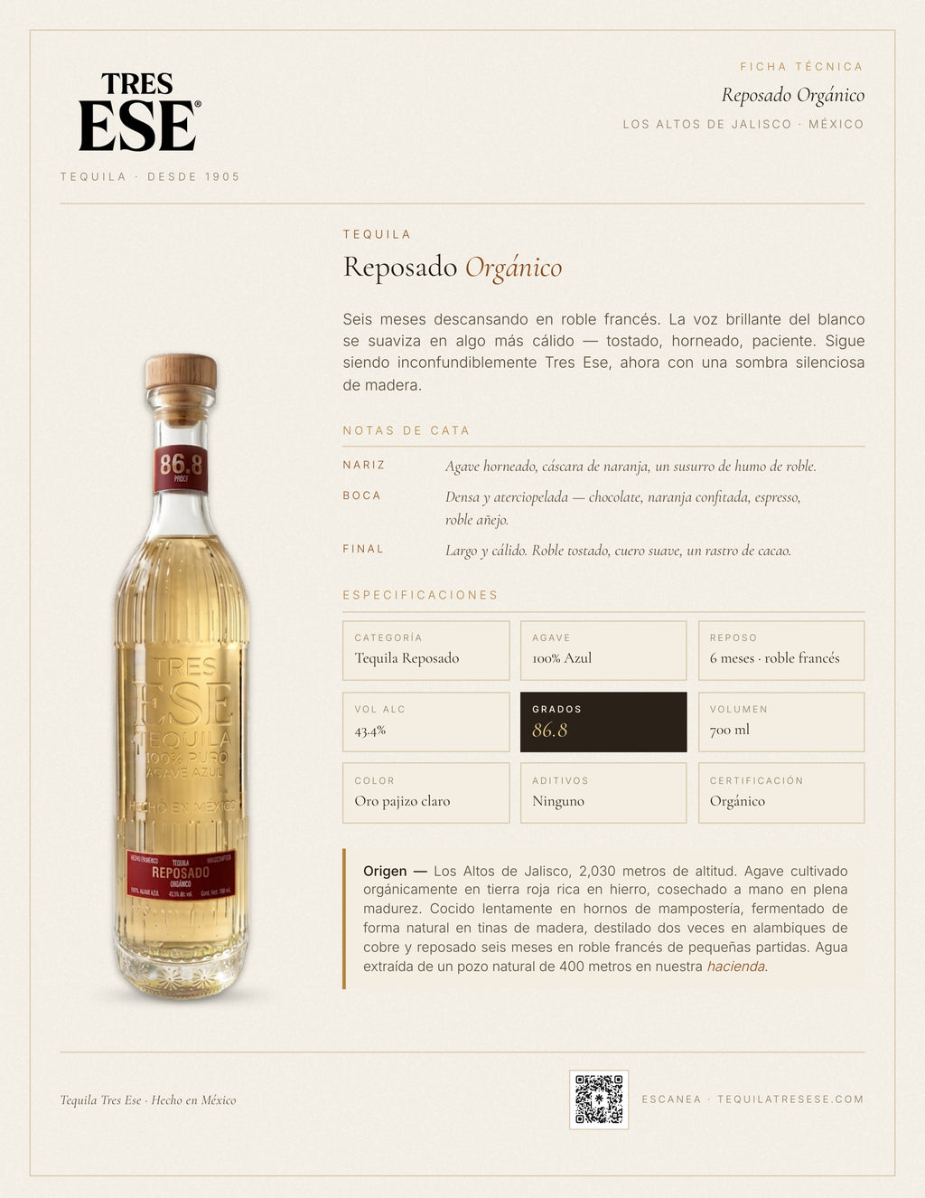 Tequila Tres Ese Reposado Orgánico 43.4%