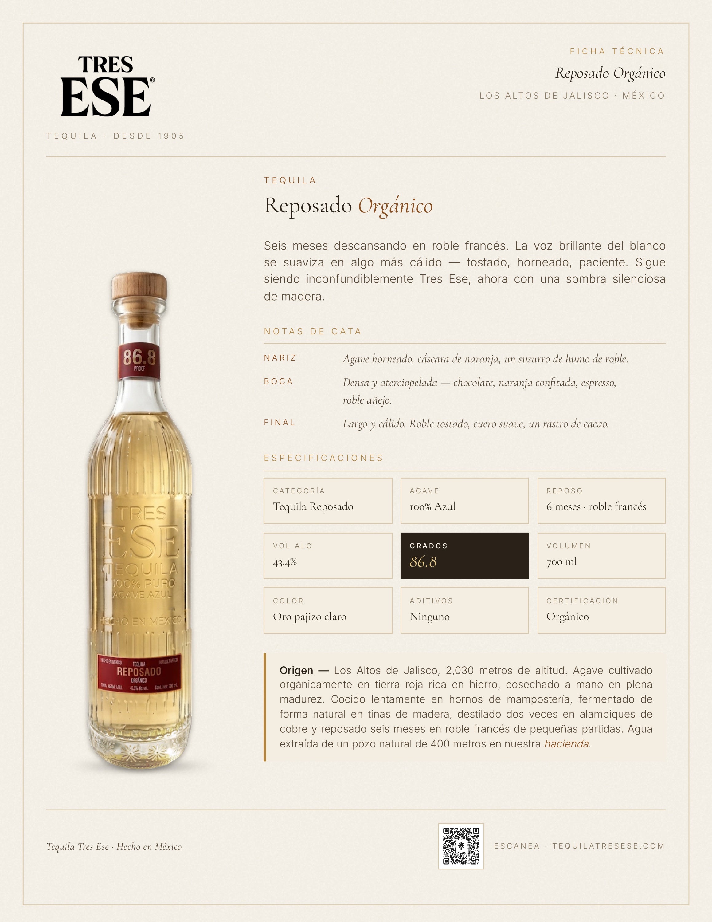 Tequila Tres Ese Reposado Orgánico 43.4%